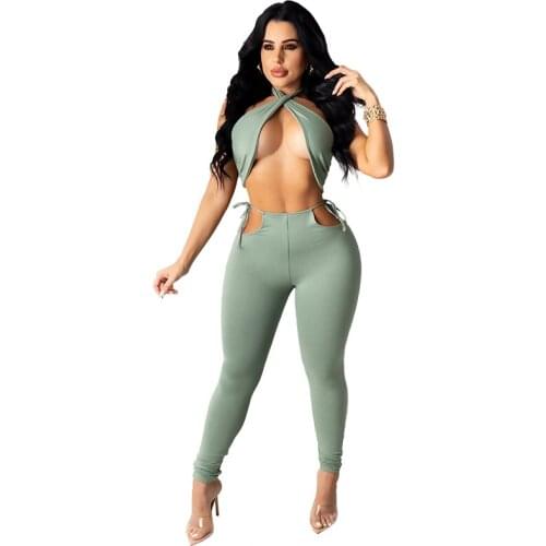 XLLAIS Bean Legging Pants Two Piece Sets Women Sexy Halter Neck Tank Tops Tie Up Pencil Trousers