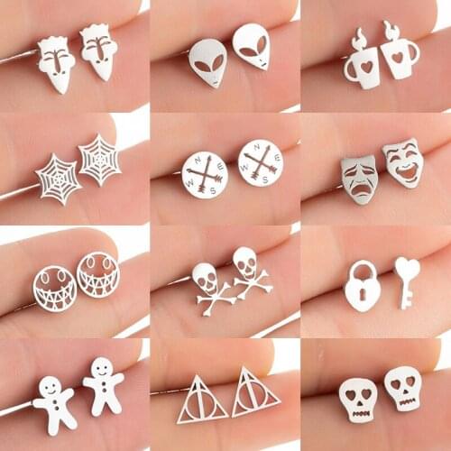 Unique Unisex Stainless Steel Earrings Women 2021 Everyday Jewelry Cute Compass Alien Skull Spider Web Ear Studs Hallowmas Gifts