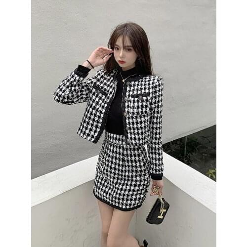 Xiaoxiangfeng two-piece female spring and autumn new houndstooth long-sleeved splicing jacket and skirt suit trendy