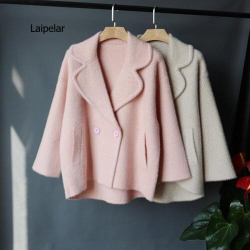 Women Striped Knitted Sweater Jacket Faux Mink Cashmere Short Double Breasted Fashion Winter Jacket Lady Cardigans Coat