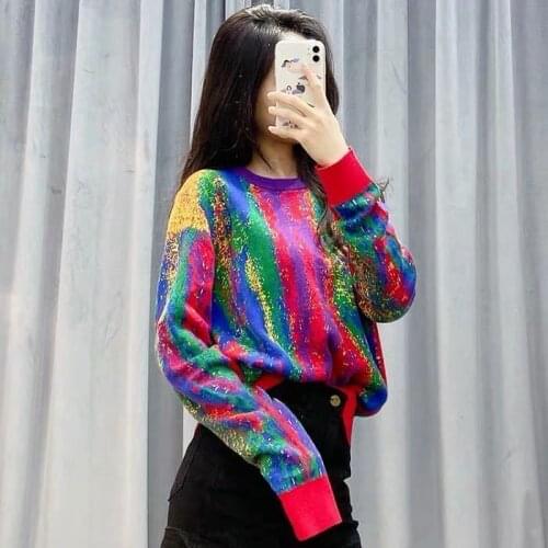 New style rainbow style Pullover Sweater autumn winter gradient knitted long sleeve top for women