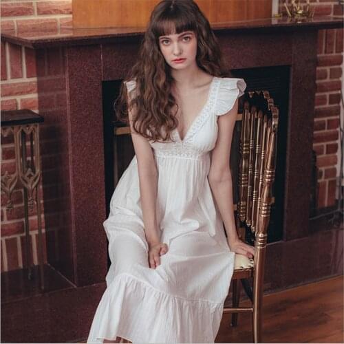 Womens Lolita Dress White Lace Sleeveless Princess Sleepshirts Vintage Lady Girls Nightgowns Nightdress Cute Pajamas Loungewear