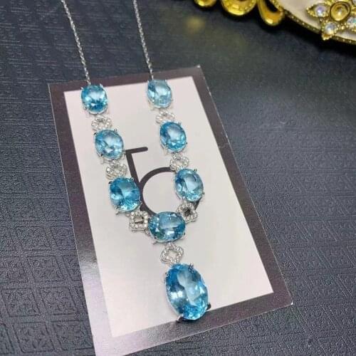High Quality 925 Sterling Silver Vintage 6x8mm Natural Blue Topaz Brilliant Pendants Necklace for Women Gift