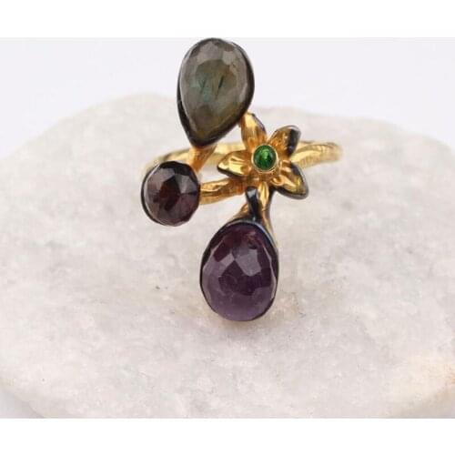 Brown Purple and Green Zircon Gold Plated Womens Silver Ring, Woman Silver Zircon Handmade Ring, Colorful Oval Zircon Ring