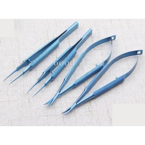 4pcs/set Ophthalmic Microsurgical Instruments 14cm Scissors+Needle Holders +Tweezers Titanium Alloy Surgical Tool