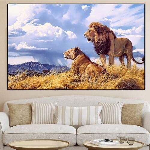 Abstract White Clouds A Pair of Africa LionsAnimals Oil Painting on Canvas Posters Prints Wall Art Picture Cuadros Home Decor