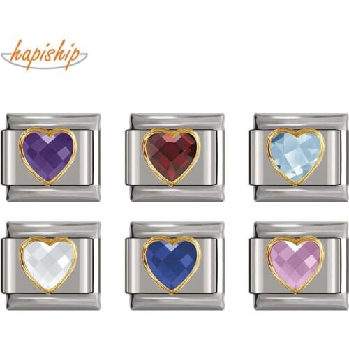 Hapiship New Top Original Daisy 6 Color Heart CZ High-end Italian Charm Fit 9mm Bracelet Stainless Steel Jewelry Making DJ208