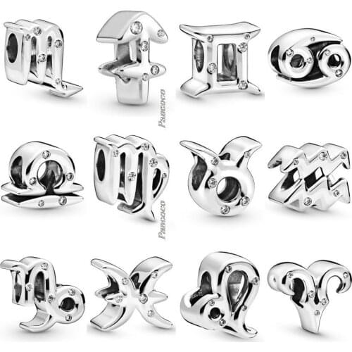 Original 925 Sterling Silver Sparkling Twelve Zodiac Constellations With Crystal Beads Fit Pandora Bracelet & Necklace Jewelry