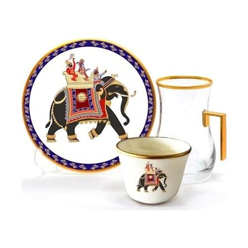 Drop Efe Handled Tea & Arabian Coffee Cup Set 18 Pieces Elephant