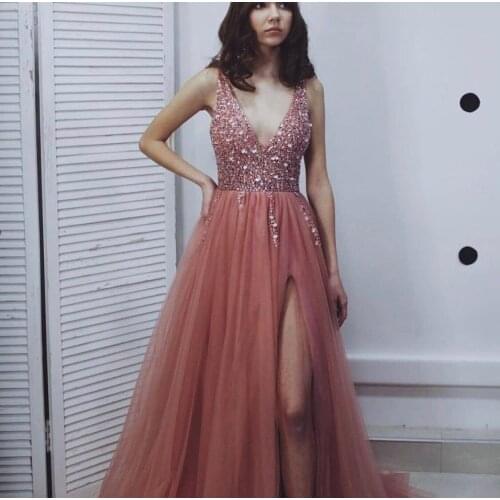Blush Pink Evening Dress A-Line V-Neck Tank Side Slit Backless Sequined Beads Tulle Floor Length Sparkle Party Prom Gown 2021