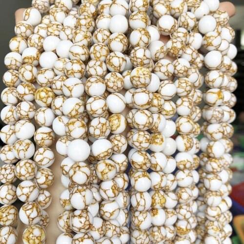 4/6/8/10/12mm White Howlite Spun Gold Loose Stone Beads Round for Accessories Jewellery Making Bracelet 15'' strand Pick Size
