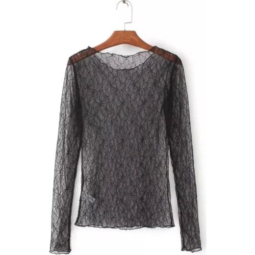 Lace See-through Crop Black Shirt Women Summer O-Neck Long Sleeve Fashion Sexy Solid Tops Lady Bottoming Blouse