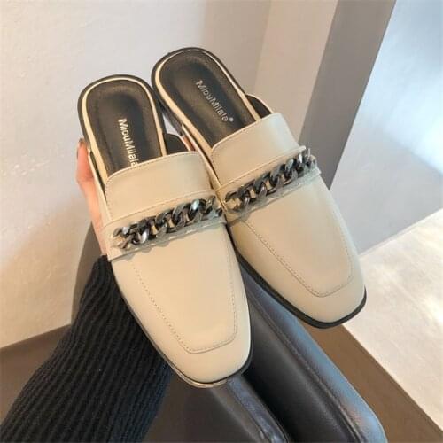 Women Autumn Lazy-Toe-Covered Shoes Fashion Leather Shoes Platform Mules Leisure Home Slippers Female Flat Slides Elegant Mules