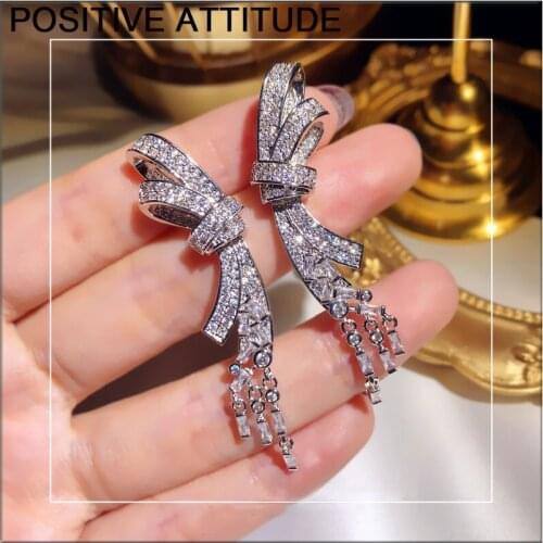 2020 New Korea Shiny Zirconia Bow Women Earrings Wedding Party Prom Friends Gifts Popular Jewelry Earrings