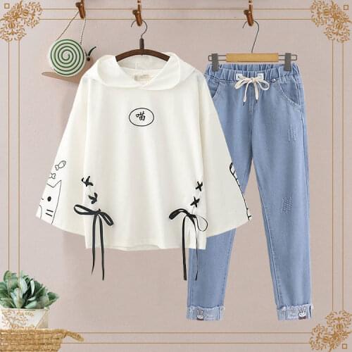 2021 new students spring and summer womens suit Japanese girl hoodie jeans casual two-piece Harajuku embroidery y2k Streetwear