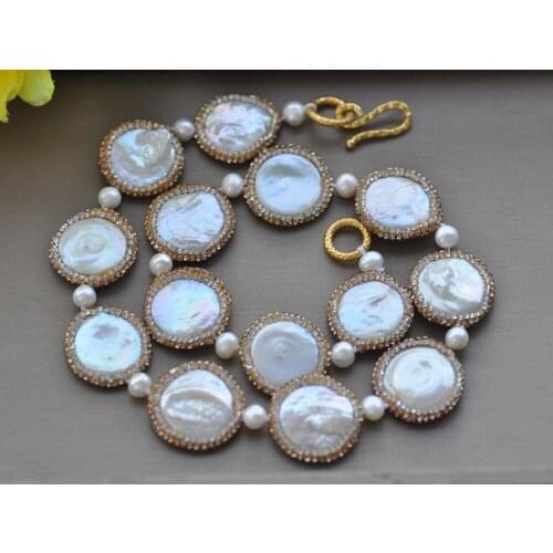 MCT·STAR Z10275 Twinkle 19" 24mm White Coin Keshi Pearl Golden CZ Necklace