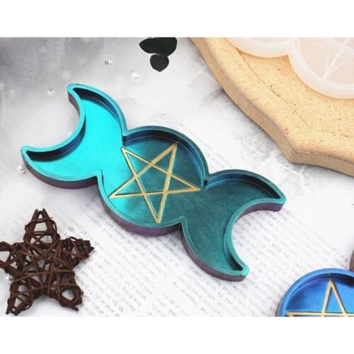 Moon Star Candle Tray Resin Molds Triple Moon Phase Goddess With Pentagrams Mold A0KD
