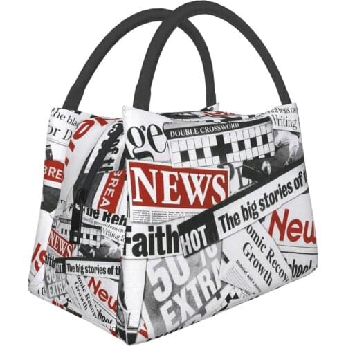 Portable Lunch Bag Newspaper Pattern Print Thermal Insulated Lunch Box Tote Cooler Handbag Bento Dinner Container School Storage