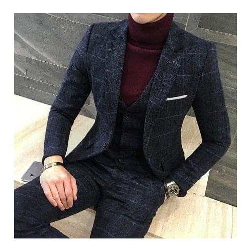 Luxury 3 Piece Suit Mens Suit Latest Jacket Design Blazer Fashion Plaid Wedding Dress Tuxedo Mens Suit (Blazer + Vest + Pants)