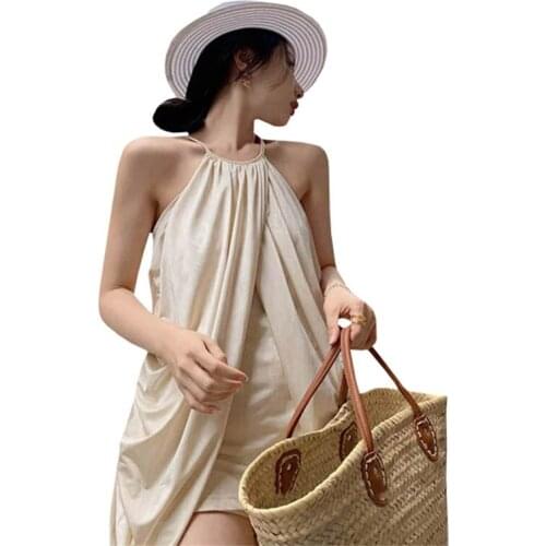 Sexy Hanging Neck Silk Dress Women Summer French Design Sense Elegant Mini Dress Irregular Club Party Evening Dress 2021 Hot Sal