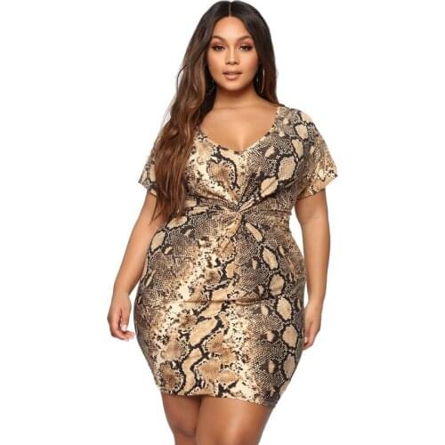 5XL Deep V Neck Sexy Women Plus Size Dress Snakeskin Print Mini Dress Ladies Sexy Clubwear