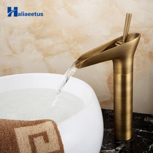 Waterfall Bathroom Faucet Antique Brass Faucet Single Handle Vanity Sink Mixer Tap Deck Mount Lavatory Faucet
