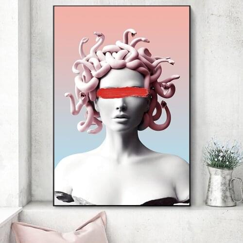 Vaporwave Medusa Cover Eyes Statue Sculpture Art Canvas Print Painting Living Room Abstract Wall Picture Home Decoration Poster