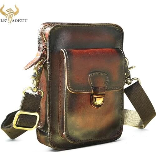 Retro Cow Leather Male Design Messenger Cross-body bag Multi-function Fashion Belt Fanny Waist bag Small Cigarette Pouch 6401