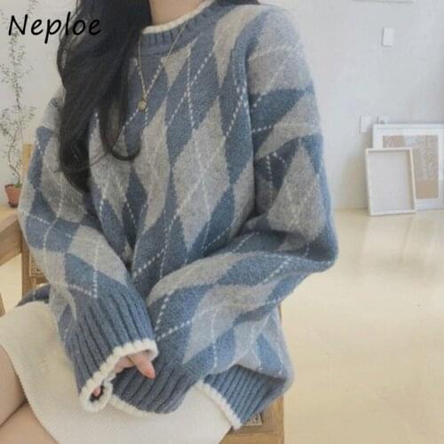 Loose Casual Styel Girl Student Knitted Pullovers O-neck Long Sleeve Plaid Sweater Women 2021 New Autumn Winter Knit Tops