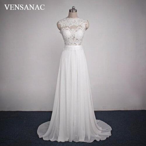 VENSANAC 2018 O Neck Lace Appliques A Line Long Evening Dresses Elegant Party Sash Sweep Train Backless Prom Gowns