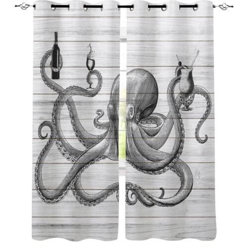 Wooden Board Octopus Champagne Drink Blackout Curtains For Living Room Bedroom Window Treatment Blinds Drapes Kitchen Curtains