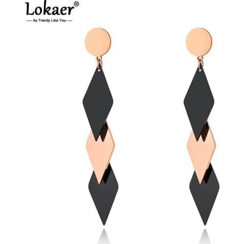 Lokaer Trendy Titanium Stainless Steel Geometric Tassel Dangle Earrings For Women Bohemia Black/Rose Gold Beach Jewelry E20046
