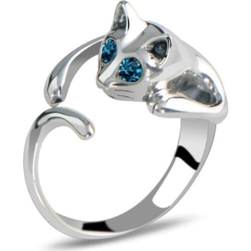 FATPIG Women Cute Cat Kitten Rings Animal Blue Rhinestone Eyes Ring for Female Party Ring Adjustable Size Ladies Rings Jewelry