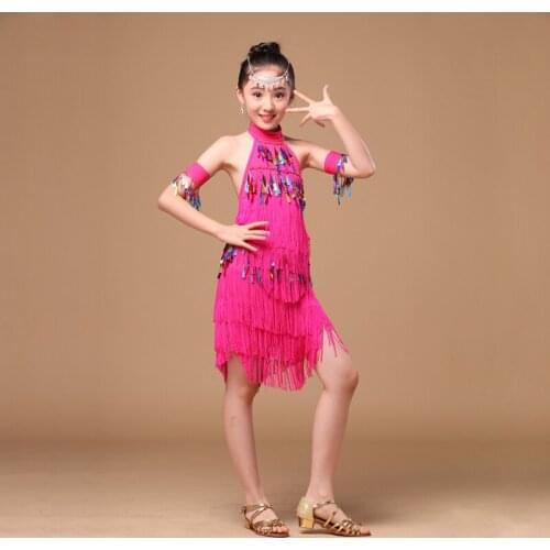 8-15 Years Children Dance Outfit with Sleeves Colored Latin Dresses for Girls Backless Fringe Ballroom Latin Dress for Girls