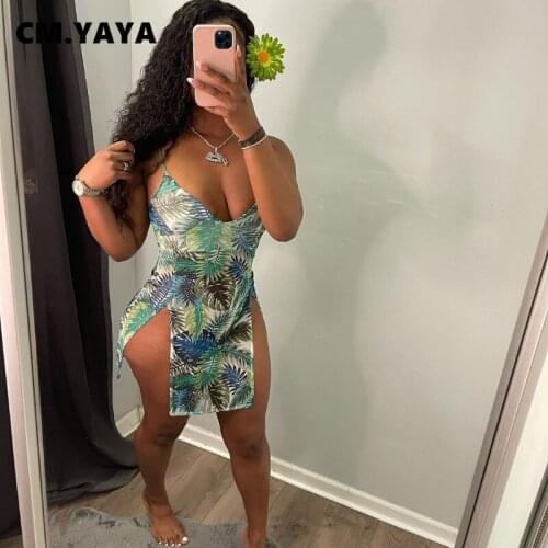 CM.YAYA Women Mini Dress Print Spaghetti Strap V-neck Elastic Splited Above Knee Length Dresses Sexy Night Club Party Vestidos