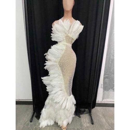 Women Sexy Prom Halter Rhinestone Dress Feather Mesh See Through Wedding Party Long Dress Singer Stage Clothes