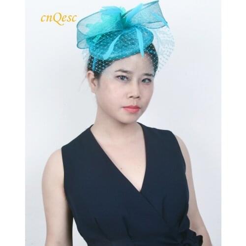 2019 Turquoise blue sinamay fascinator with feathers&silk flower
