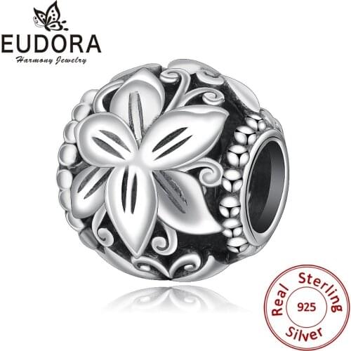 2019 Eudora 925 Sterling Silver Flower Charms with CZ fit Bangles & Bracelets Women Fashion Jewelry Making Unique Beads gift Z96