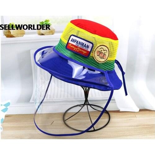 Anti-fog Protective Anpanman Cute Summer Outdoor Grid hat Foldable and removable Childrens Fishermans hat 50cm