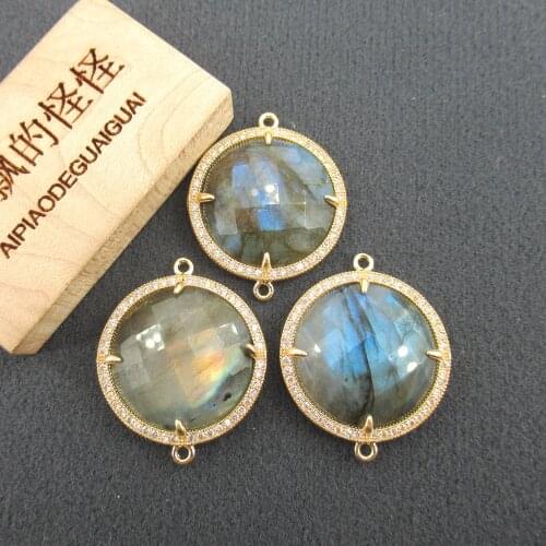 APDGG 5 PCS Round Coin Faceted Labradorite 25mm Cz Gold Plated Edge Double Bail CZ Connector DIY