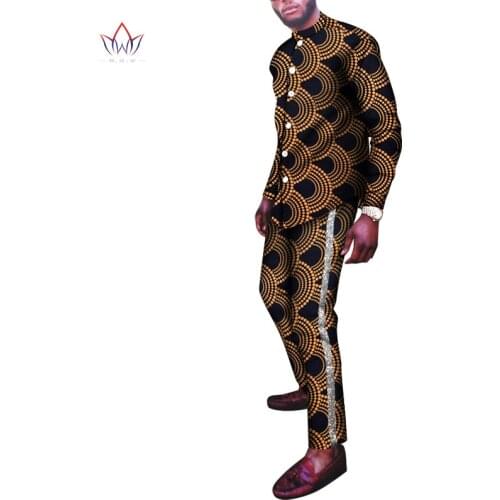 Bazin Riche Men 2 Pieces Pants Sets African Design Clothing African Clothes Casual Men Top Shirts and Pants Sets WYN1098