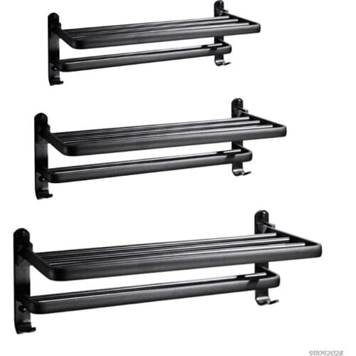FreeShip Space Aluminum Black Towel Rack Wall Mounted Folding Towel Holder Storage Shelf with Hook Bathroom Accessories Dropship