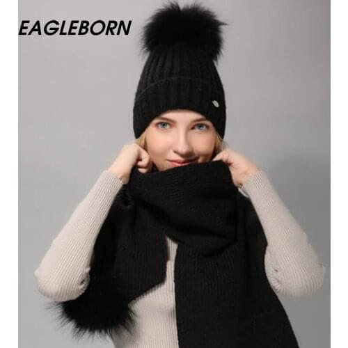 EAGLEBORN Women Winter Hat And Scarf Set Warm Cashmere Knitted Hat Scarf For Girls High Quality Fur Pompoms Hats Lady Beanies