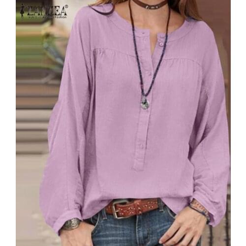 ZANZEA Summer Elegant Women Long Sleeve Blouse Solid Work Shirt Casual Loose Cotton Tops Female Party Blusas Tunic