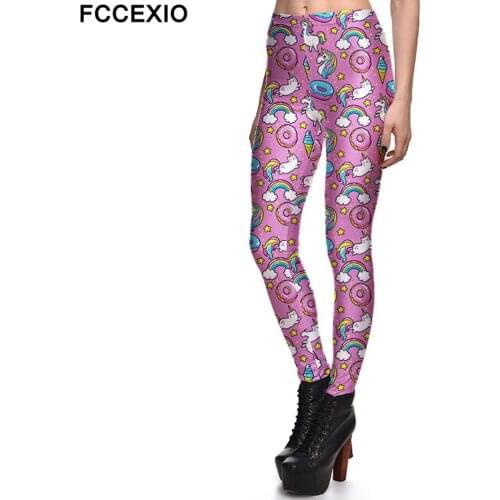 FCCEXIO 2019 Sexy Girl Pencil Pants Rainbow Unicorn Donut Pony Pink Prints Elastic Slim Fitness Workout Women Leggings Plus Size