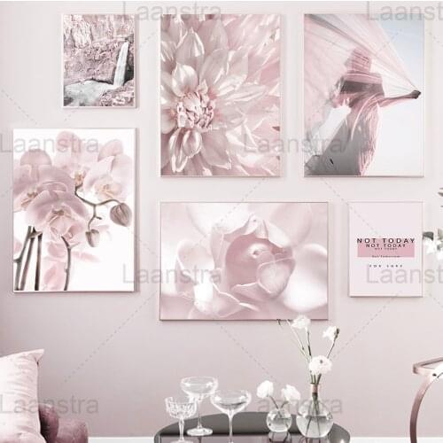 Pink Flowers Canvas Painting Soft Petals Living Room Wall Home Decoration Painting Mountain Stone Girl Back View Bedroom Prints