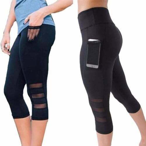 Calf-length Yoga Running Leggings Capri Sports Pants Women Fitness Gym High Waist Pockets Girl Female Black Mesh 3/4 Yoga Pants