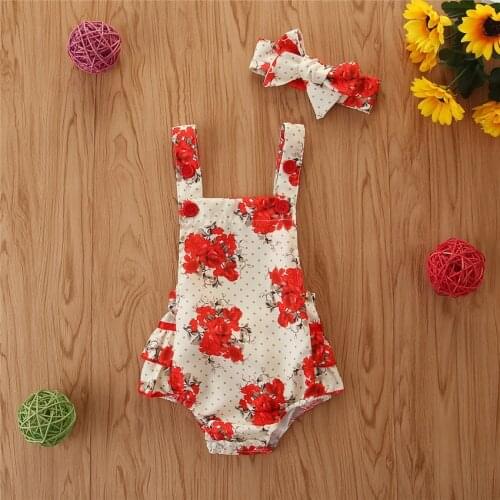 Summer Baby Girls Romper Floral Print Cotton Slip Romper + Headband Baby Clothes