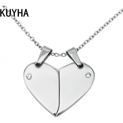 Fashion Heart Necklace for Men/Women Two Half Heart Engravable Laser Logo/Name Pendants Necklace With Crystal