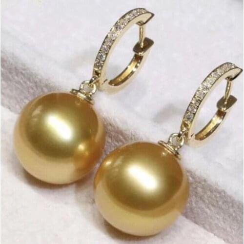 CHARMING PAIR OF 11-12MM SOUTH SEA GOLD PEARL EARRING 14K